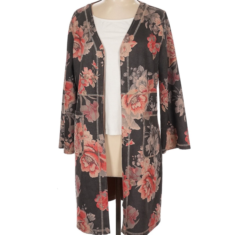 Solitaire Floral Open Front Long Cardigan - Black with Coral Pink Flowers